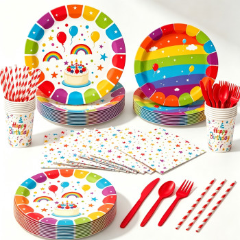 Rainbow Birthday Party Supplies Disposable Plates Cups Napkins Cutlery Straw