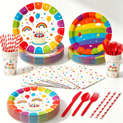 Rainbow Birthday Party Supplies Disposable Plates Cups Napkins Cutlery Straw