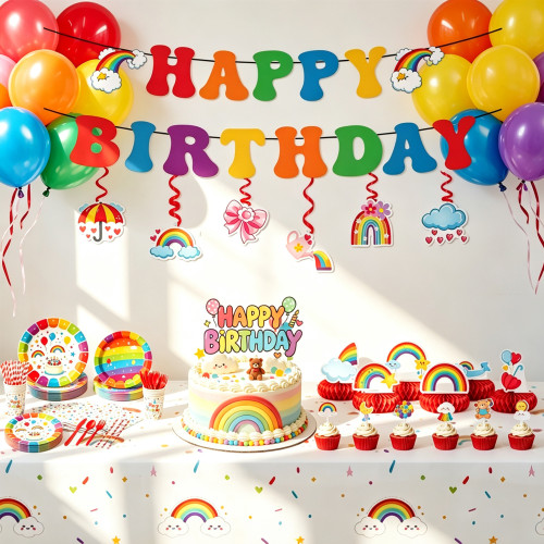 Rainbow Birthday Party Supplies Disposable Plates Cups Napkins Cutlery Straw