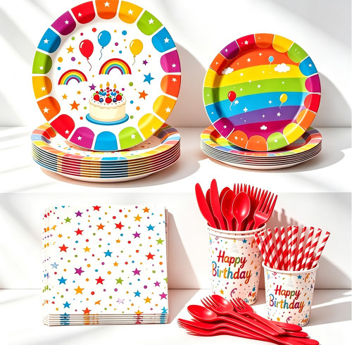 Rainbow Birthday Party Supplies Disposable Plates Cups Napkins Cutlery Straw