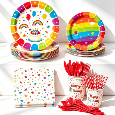 Rainbow Birthday Party Supplies Disposable Plates Cups Napkins Cutlery Straw