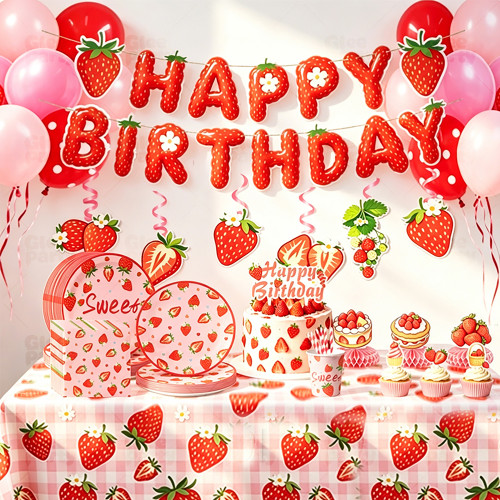 Strawberry Party Supplies Disposable Tableware Kit Paper Plates Cups Napkins Straws Cutlery