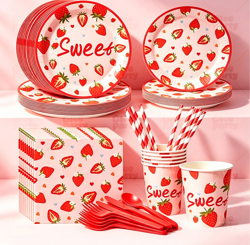 Strawberry Party Supplies Disposable Tableware Kit Paper Plates Cups Napkins Straws Cutlery