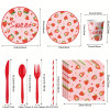 Strawberry Party Supplies Disposable Tableware Kit Paper Plates Cups Napkins Straws Cutlery