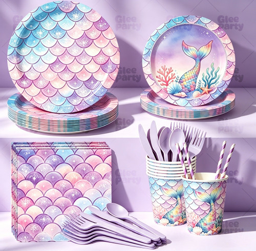 Mermaid Party Supplies Disposable Tableware Kit Paper Plates Cups Napkins Straws Cutlery