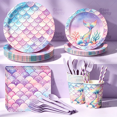 Mermaid Party Supplies Disposable Tableware Kit Paper Plates Cups Napkins Straws Cutlery