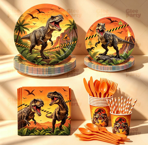Dinosaur Party Supplies Disposable Tableware Kit Paper Plates Cups Napkins Straws Cutlery