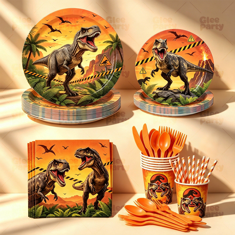 Dinosaur Party Supplies Disposable Tableware Kit Paper Plates Cups Napkins Straws Cutlery