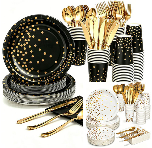 Black Gold Dot Party Supplies Disposable Tableware Kit Paper Plates Cups Napkins Cutlery