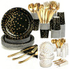 Black Gold Dot Party Supplies Disposable Tableware Kit Paper Plates Cups Napkins Cutlery