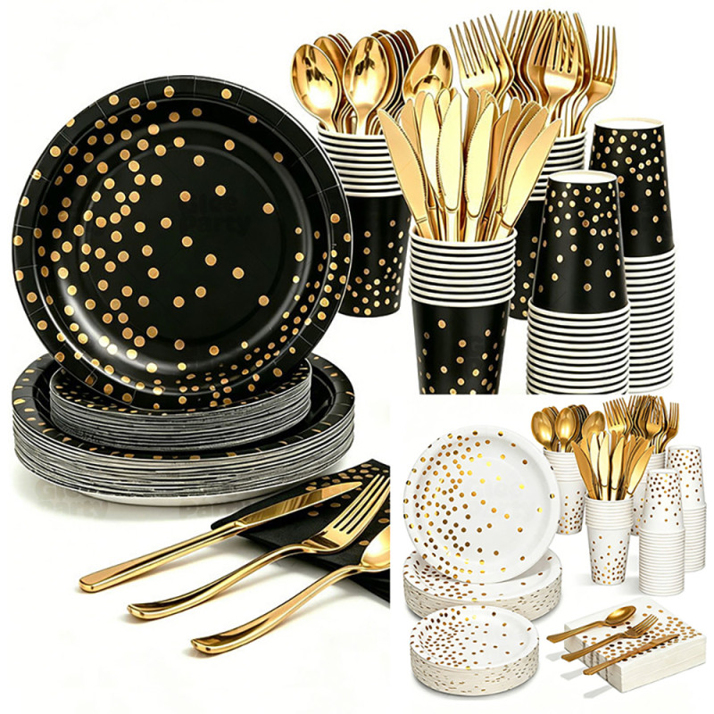 Black Gold Dot Party Supplies Disposable Tableware Kit Paper Plates Cups Napkins Cutlery
