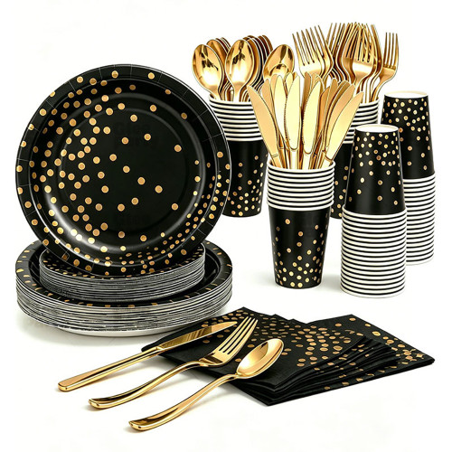 Black Gold Dot Party Supplies Disposable Tableware Kit Paper Plates Cups Napkins Cutlery