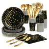 Black Gold Dot Party Supplies Disposable Tableware Kit Paper Plates Cups Napkins Cutlery