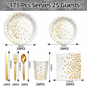 Black Gold Dot Party Supplies Disposable Tableware Kit Paper Plates Cups Napkins Cutlery