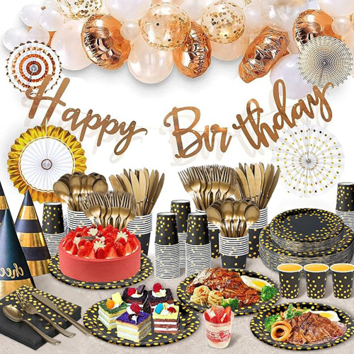 Black Gold Dot Party Supplies Disposable Tableware Kit Paper Plates Cups Napkins Cutlery