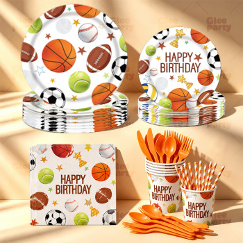 Sports Party Supplies Disposable Tableware Kit Paper Plates Cups Napkins Straws Cutlery