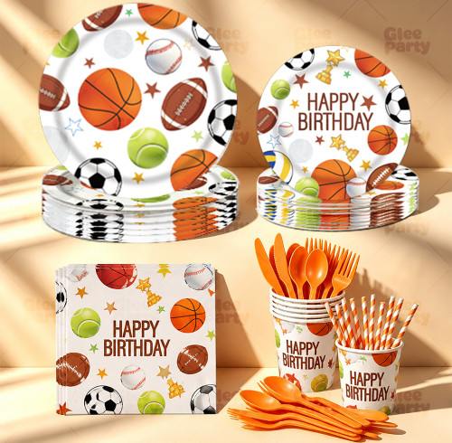 Sports Party Supplies Disposable Tableware Kit Paper Plates Cups Napkins Straws Cutlery