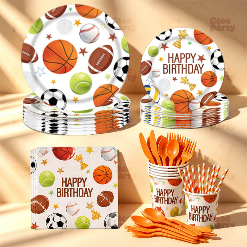 Sports Party Supplies Disposable Tableware Kit Paper Plates Cups Napkins Straws Cutlery