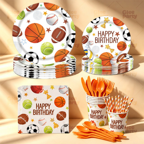 Sports Party Supplies Disposable Tableware Kit Paper Plates Cups Napkins Straws Cutlery