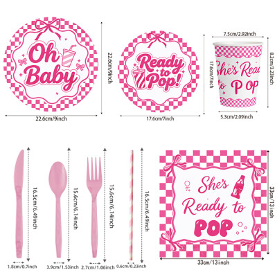 Ready To Pop Baby Shower Supplies Disposable Tableware Kit Plates Cups Napkins Cutlery 3‑Color Pink Blue Red Wholesale