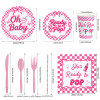 Ready To Pop Baby Shower Supplies Disposable Tableware Kit Plates Cups Napkins Cutlery 3‑Color Pink Blue Red Wholesale