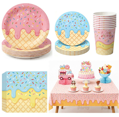 Ice Cream Party Supplies Disposable Tableware Kit Plates Cups Napkins Cutlery Pink Blue Red Kids Birthday Wholesale