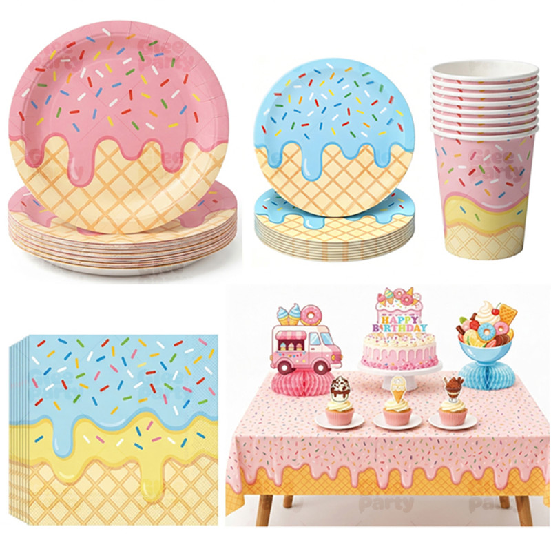 Ice Cream Party Supplies Disposable Tableware Kit Plates Cups Napkins Cutlery Pink Blue Red Kids Birthday Wholesale