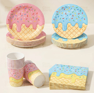 Ice Cream Party Supplies Disposable Tableware Kit Plates Cups Napkins Cutlery Pink Blue Red