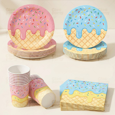 Ice Cream Party Supplies Disposable Tableware Kit Plates Cups Napkins Cutlery Pink Blue Red Kids Birthday Wholesale