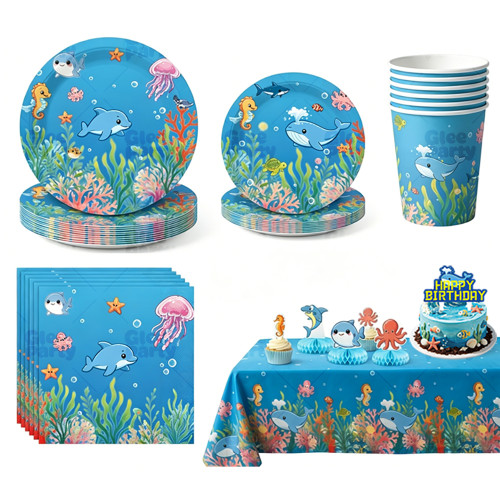 Under The Sea Party Supplies Disposable Tableware Kit Plates Cups Napkins Cutlery Blue Ocean Kids Birthday Wholesale