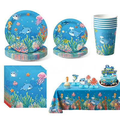 Under The Sea Party Supplies Disposable Tableware Kit Plates Cups Napkins Cutlery Blue Ocean Kids Birthday Wholesale