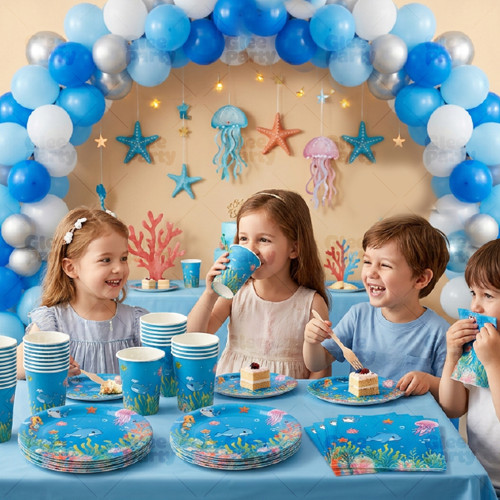 Under The Sea Party Supplies Disposable Tableware Kit Plates Cups Napkins Cutlery Blue Ocean