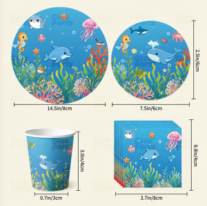 Under The Sea Party Supplies Disposable Tableware Kit Plates Cups Napkins Cutlery Blue Ocean