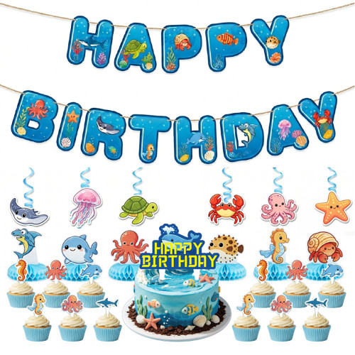 Under The Sea Party Supplies Disposable Tableware Kit Plates Cups Napkins Cutlery Blue Ocean