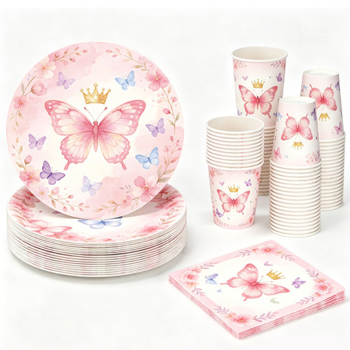 Butterfly Party Supplies,Disposable Paper Plates Cups Napkins Tablecloth For Birthday Decorations