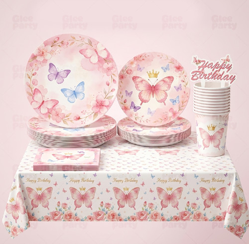 Butterfly Party Supplies,Disposable Paper Plates Cups Napkins Tablecloth For Birthday Decorations