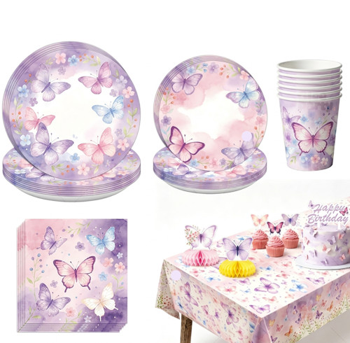 Purple Butterfly Party Supplies,Disposable Paper Plates Cups Napkins Tablecloth Birthday Decor Set