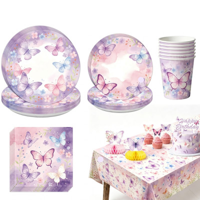 Purple Butterfly Party Supplies,Disposable Paper Plates Cups Napkins Tablecloth Birthday Decor Set