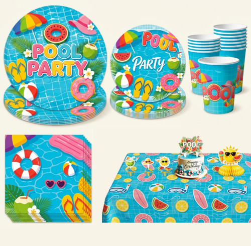 Pool Party Supplies,2 Styles Disposable Paper Plates Cups Napkins Tablecloth Summer Beach Decor Set