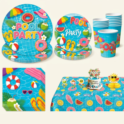 Pool Party Supplies,2 Styles Disposable Paper Plates Cups Napkins Tablecloth Summer Beach Decor Set