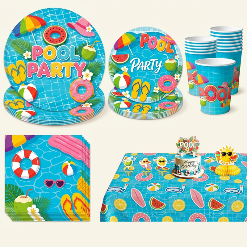 Pool Party Supplies,2 Styles Disposable Paper Plates Cups Napkins Tablecloth Summer Beach Decor Set