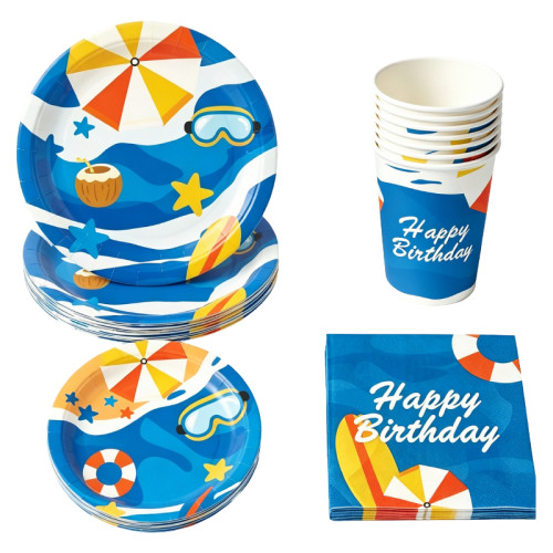 Pool Party Supplies,2 Styles Disposable Paper Plates Cups Napkins Tablecloth Summer Beach Decor Set