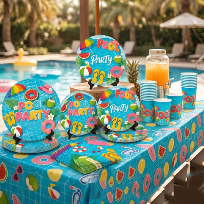 Pool Party Supplies,2 Styles Disposable Paper Plates Cups Napkins Tablecloth Summer Beach Decor Set