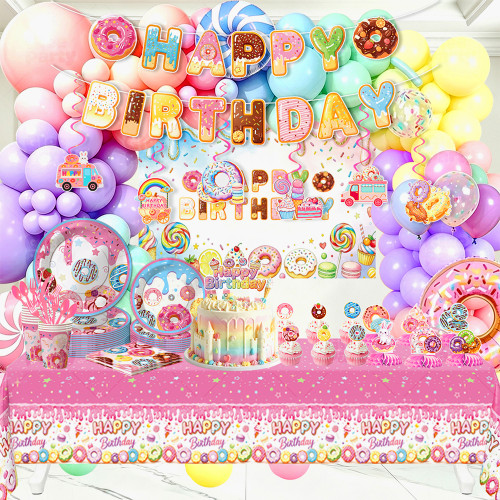 Donut Party Supplies,Disposable Paper Plates Cups Napkins Tablecloth Kids Birthday Decor Set