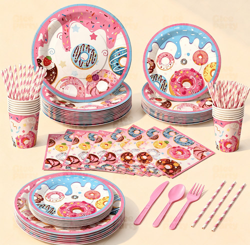 Donut Party Supplies,Disposable Paper Plates Cups Napkins Tablecloth Kids Birthday Decor Set