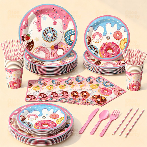 Donut Party Supplies,Disposable Paper Plates Cups Napkins Tablecloth Kids Birthday Decor Set