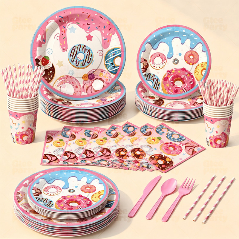 Donut Party Supplies,Disposable Paper Plates Cups Napkins Tablecloth Kids Birthday Decor Set
