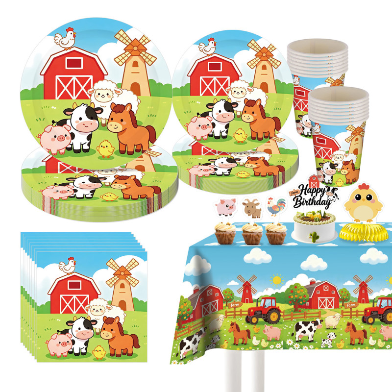 Farm Animal Party Supplies,Disposable Paper Plates Cups Napkins Tablecloth Kids Birthday Decor Set
