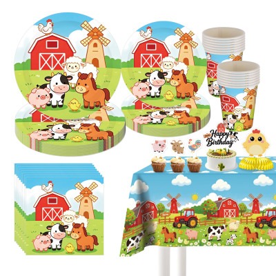Farm Animal Party Supplies,Disposable Paper Plates Cups Napkins Tablecloth Kids Birthday Decor Set