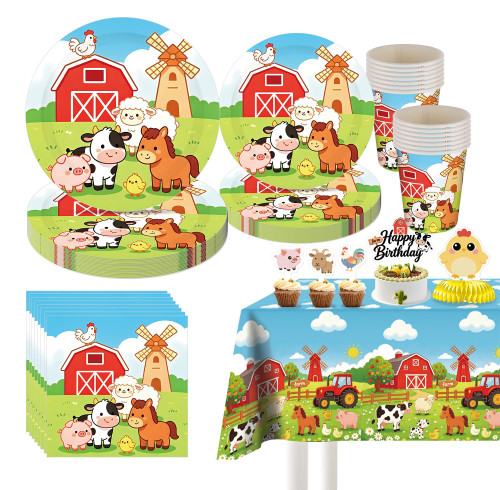Farm Animal Party Supplies,Disposable Paper Plates Cups Napkins Tablecloth Kids Birthday Decor Set
